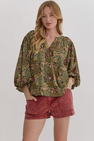 Entro Olive Patchwork Ditsy Floral Top