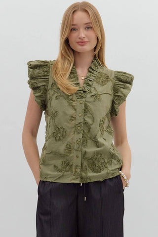Entro Sleeveless Top with Embroidered Ruffle Collar available in 3 colors - chic women's fashion.