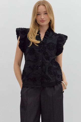 Entro sleeveless top with embroidered ruffle collar, available in 3 colors; stylish and elegant women's fashion.