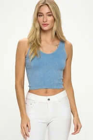 Ribbed denim blue reversible seamless tank top, comfortable and stylish design, perfect for versatile everyday wear.