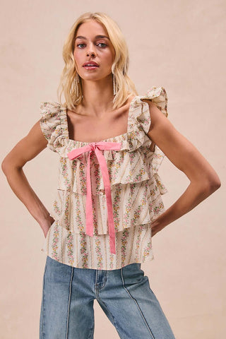 Ivory & Pink Floral Bibi Top with Bow & Ruffle Square Neckline for an Elegant Look