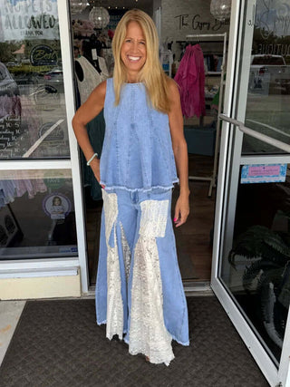 Lt Denim Lace Insert Ruffle Wide Leg Flair Pant Oli & Hali