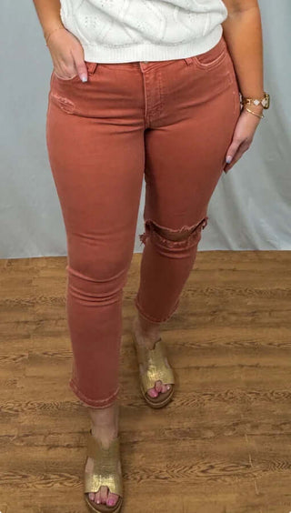 Vervet V3497 Copper High Rise Crop Slim Straight Jeans with front and side view against a neutral background.