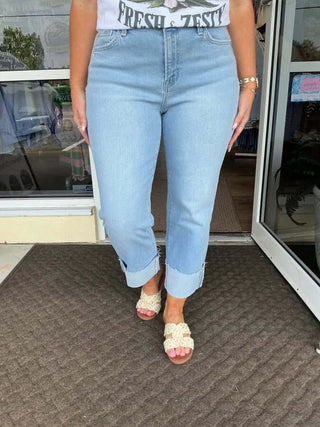 Women's Lovervet T6657 High Rise Cuffed Straight Leg Jeans in blue denim, FINAL SALE, front view on white background.