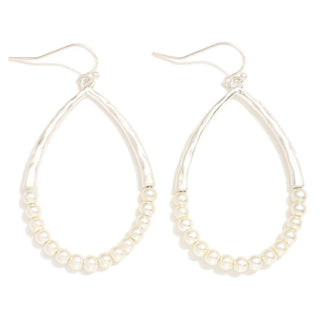 Elegant Hammered Silver & Pearl Beaded Teardrop Earrings, perfect for adding a touch of sophistication to any outfit.