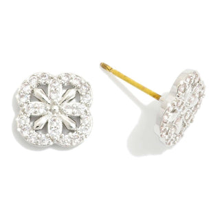 Silver Clover Stud Earrings with sparkling rhinestone details on a black background, perfect for elegant occasions.