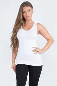White buttery soft reversible seamless tank top on hanger, showcasing versatile and comfortable fashion for everyday wear.