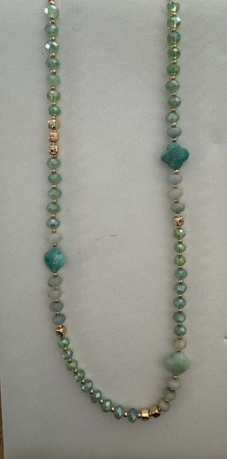 Elegant Shades of Green Stone Clover Beaded Necklace, featuring diverse green hues and intricate clover design for a stylish look.