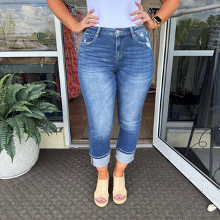 MICA T2061 Jeans: Straight leg, mid-rise, medium wash, non-distressed style with cuffed ankles for a timeless look.
