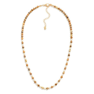 Elegant Gold, Pearl & Natural Brown Beaded Necklace with intricate design, perfect for sophisticated and stylish looks.