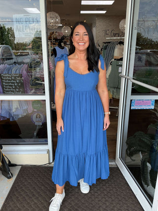 Dusty Blue Scallop Eyelet Trim Midi Dress by Blu Pepper, featuring elegant detailing and flattering A-line silhouette.