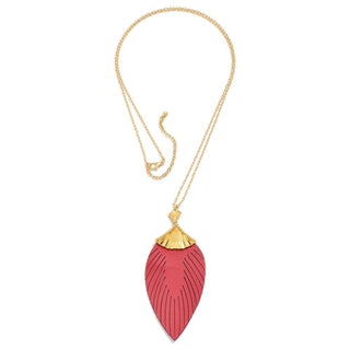 Long gold necklace featuring a deep red leather feather pendant, perfect for adding elegance and style to any outfit.