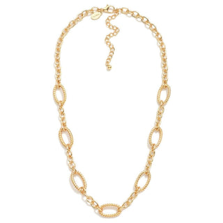 Elegant gold twisted linked chain necklace displayed on a white background, showcasing intricate craftsmanship and shine.