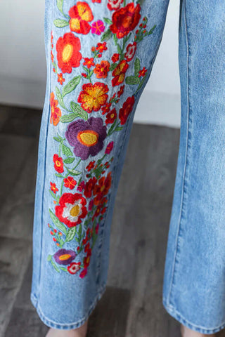 Med Wash Relaxed Fit Straight Leg Denim Jeans with Red Floral Embroidery by Oli & Hali - Stylish and Comfortable.