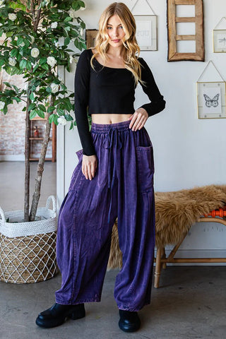 Oli & Hali Mineral Wash Indigo Pleated Wide Leg Pants