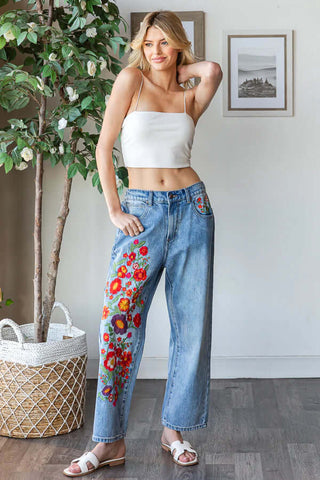 Med Wash Relaxed Fit Straight Leg Denim Jeans with Red Floral Embroidery by Oli & Hali.