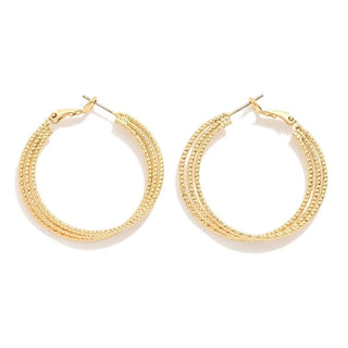 Gold textured triple hoop earrings with a modern intertwined design, perfect for adding elegance to any outfit.