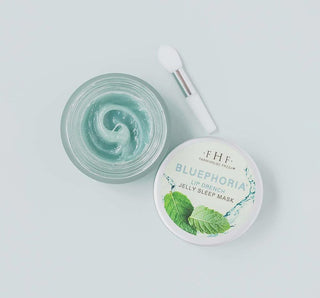 FHF Bluephoria® Jelly Sleep Lip Mask with bilberry & chamomile for overnight lip hydration in a glossy blue jar.