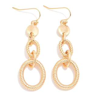 Elegant gold textured link chain drop earrings with a unique interwoven design and shimmering finish.