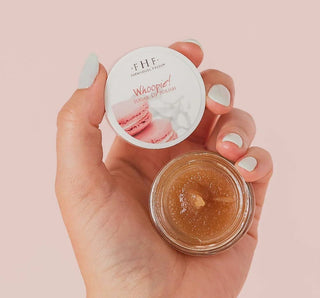 FHF Whoopie! Sugar Lip Polish in a jar with lid off, showcasing its textured, nourishing scrub for exfoliating lips.