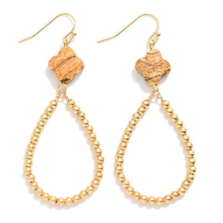 Picture Jasper Clover Stone & Gold Bead Teardrop Earrings on a neutral background, showcasing earthy tones and elegant design.