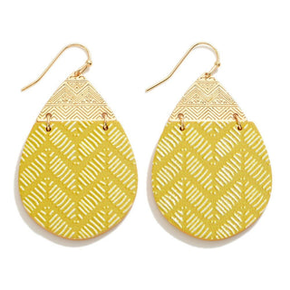Stylish mustard chevron teardrop earrings, lightweight and trendy, perfect for adding a vibrant touch to any outfit.
