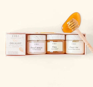 FHF Pedi Delight Instant Pedicure Sampler with luxurious foot care products, beautifully arranged for a spa-like experience.