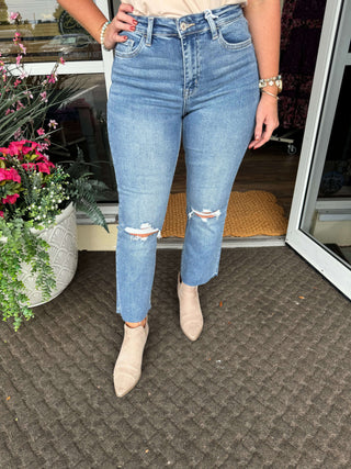 Lovervet T6206 High Waist Flare Crop Jeans showcasing stylish, comfortable fit for a trendy fashion statement.