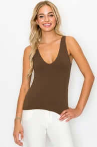 Coffee-colored buttery soft reversible seamless tank, perfect for layering and comfort, displayed on a mannequin.