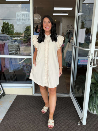 Ecru Washed Ruffle Button-Down Mini Dress by ee:some – Chic, lightweight summer dress perfect for casual and elegant outings.