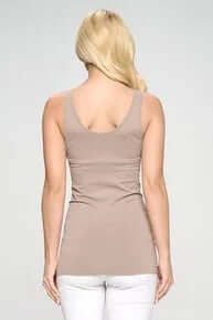 Alt text: "Light mocha seamless tank, buttery soft and reversible, ideal for versatile and comfortable styling.