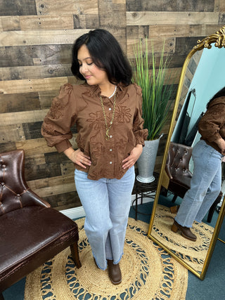 Jodifl Brown Embroidered Flower Top w/ Ruffle Neck