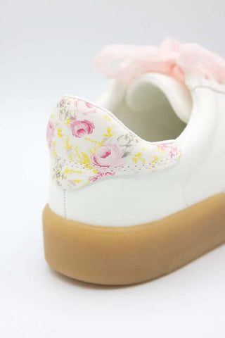 MIA Sneaker Axel in White Floral with Pink Lace Ribbons - Stylish and Comfortable Women's Footwear.