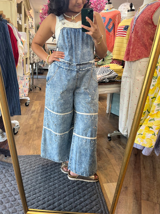 Alternate view of POL Denim & Ivory Eyelet Overalls
