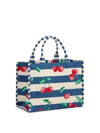 Navy and cream striped tote bag with red cherry and green leaf print, dual handles.
