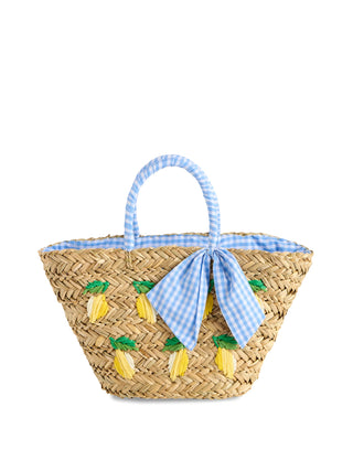 Woven straw tote with yellow lemon embroidery, blue gingham bow, and matching handle trim.

