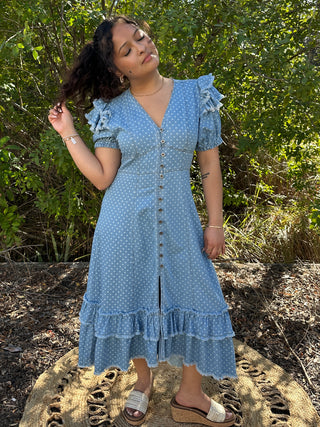 Peach Love Lt Denim Polka Dot Midi Dress