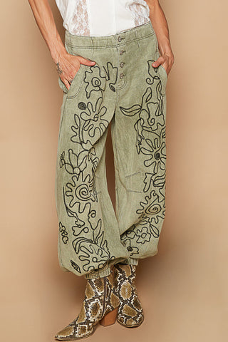POL Olive Green Button Front Jogger w/ Black Embroidery