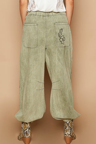 POL Olive Green Button Front Jogger w/ Black Embroidery