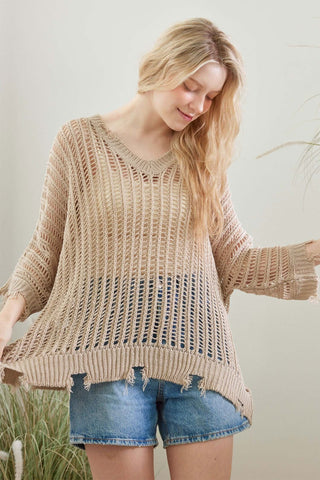 Open Weave Loose Fit Distressed Sweater Top in Beige, Ideal for Trendy Layering, Comfort, and Style - Available in Two Colors.