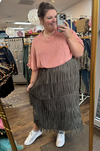 OLIVE Tiered Fringe Tassel Midi Skirt Origami