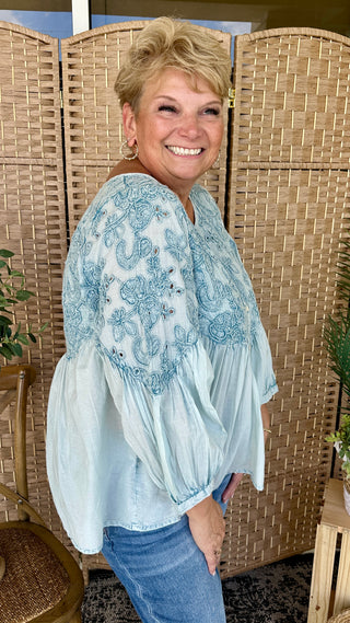Alternate view of POL Charming in Blue Embroidered Top

