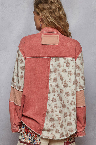 Scarlet red shacket top with floral contrast, made from soft French terry fabric