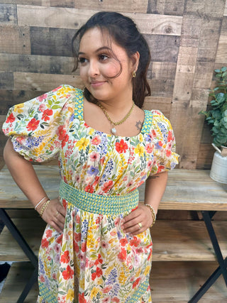 Alternate view of Jodifl Butter Yellow Floral Green Trim Peasant Midi Dress
