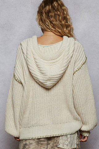 Ivory cream v-neck chenille hoodie with a cozy texture and relaxed fit