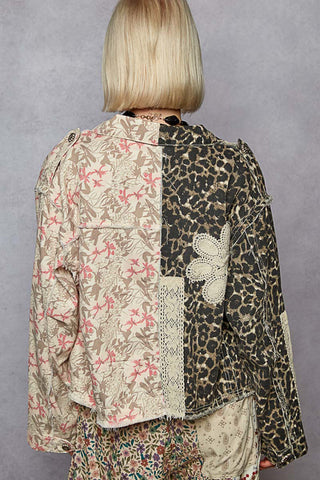 POL Leopard & Floral Zipper Jacket w/ Crochet Accents