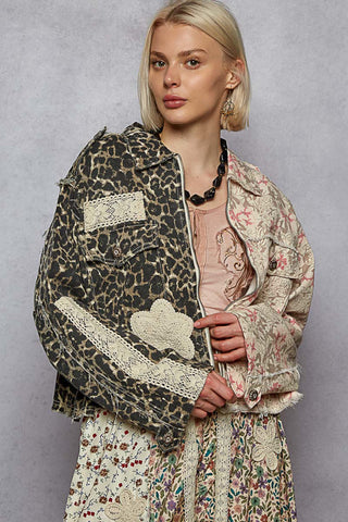 POL Leopard & Floral Zipper Jacket w/ Crochet Accents