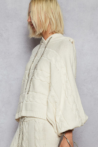 Soft beige chenille cable sweater top with dolman sleeves and a relaxed fit