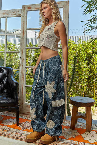 POL Indigo Paisley Patchwork Jogger w/ Ivory Crochet Patches