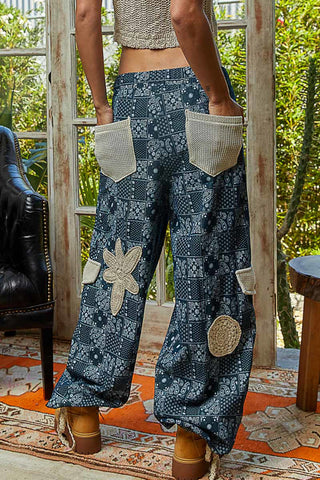 POL Indigo Paisley Patchwork Jogger w/ Ivory Crochet Patches